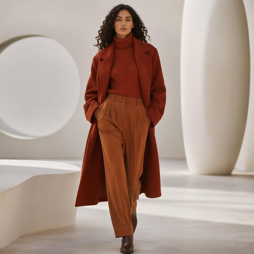 Editorial fashion model in a futurist lookbook new outfit, posed naturally in minimalist white space with soft autumn rust tones.