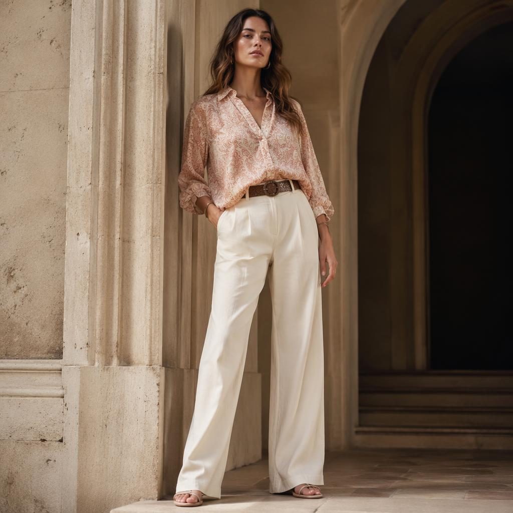 Editorial fashion model in a flowy bohemian outfit at an architectural building, pastel palette, cool confident pose