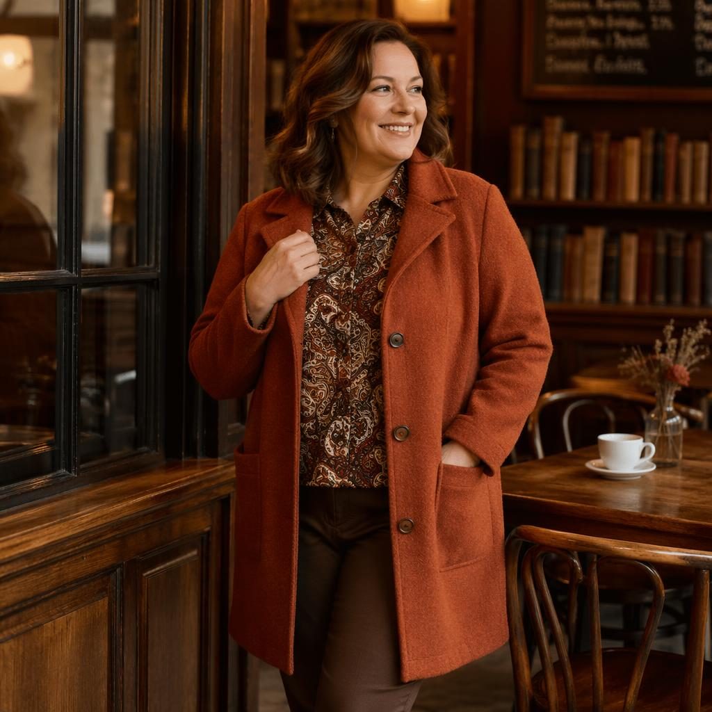 Fashion model in a dark academia outfit posed in a vintage cafe with autumn rust tones and soft editorial lighting.