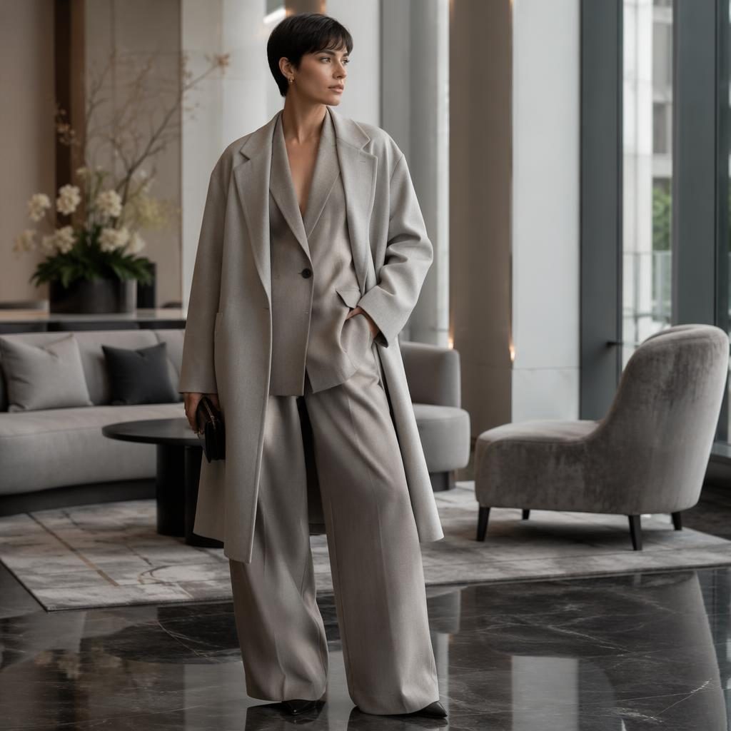 Model in a minimalist editorial outfit posing naturally in a luxury hotel lobby with cool gray tones and soft lighting.