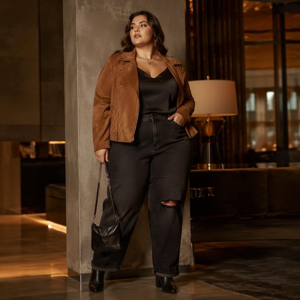 Plus size fashion model in an edgy grunge outfit posing naturally in a dark luxury hotel lobby at sunset.