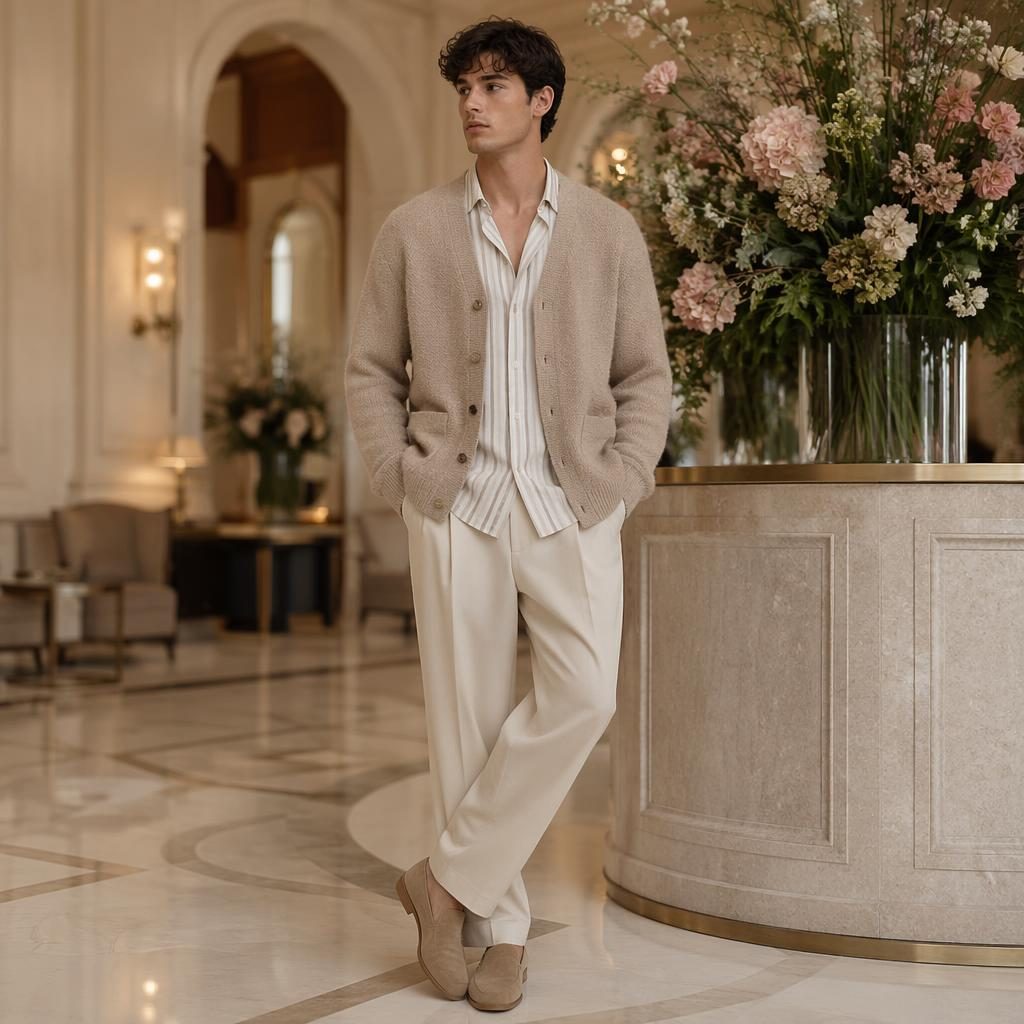 Modèle en tenue homme tendance dans le lobby d’un hôtel de luxe, palette pastel, pose naturelle, style cottagecore.