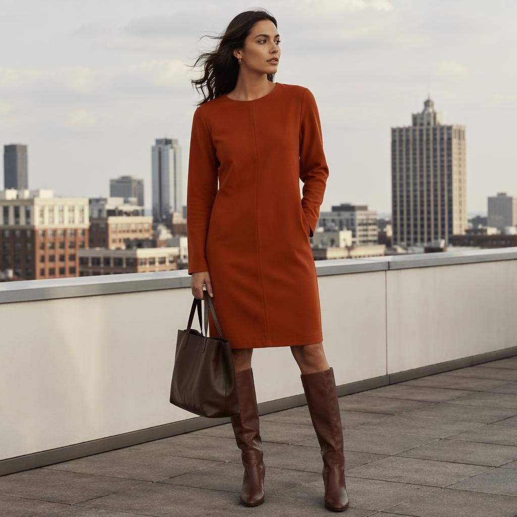Modèle en robe droite sur un rooftop urbain, style éditorial minimaliste, lumière magazine, palette rouille d’automne.