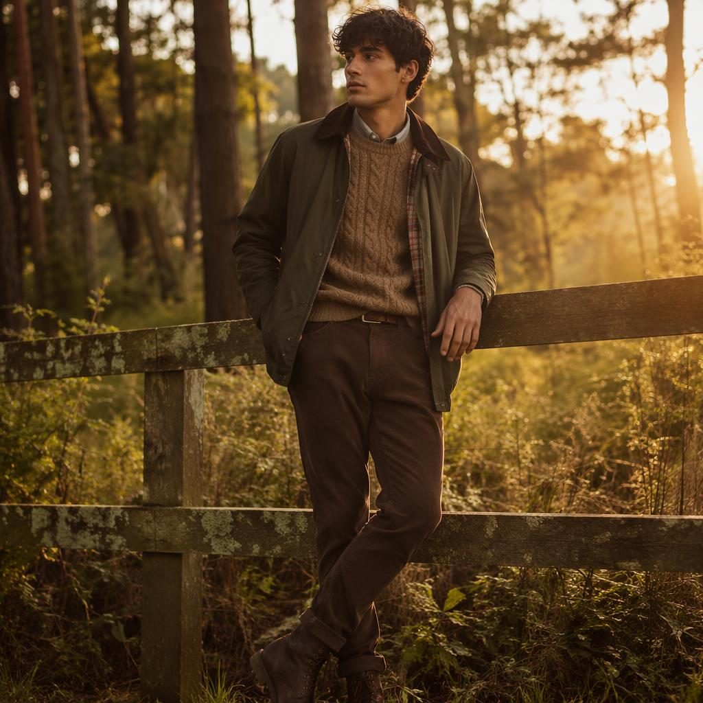 Editorial menswear catalogue photo of a model in a forest at sunset, styled in cottagecore fashion with a cool pose.