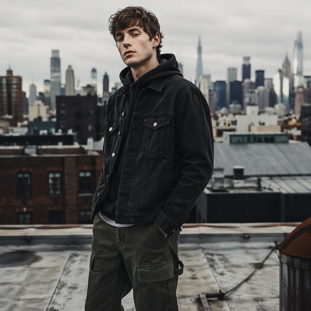 Male model in mens catalogues styling on a city rooftop, grunge edgy look, quiet mood, bold high-contrast lighting.