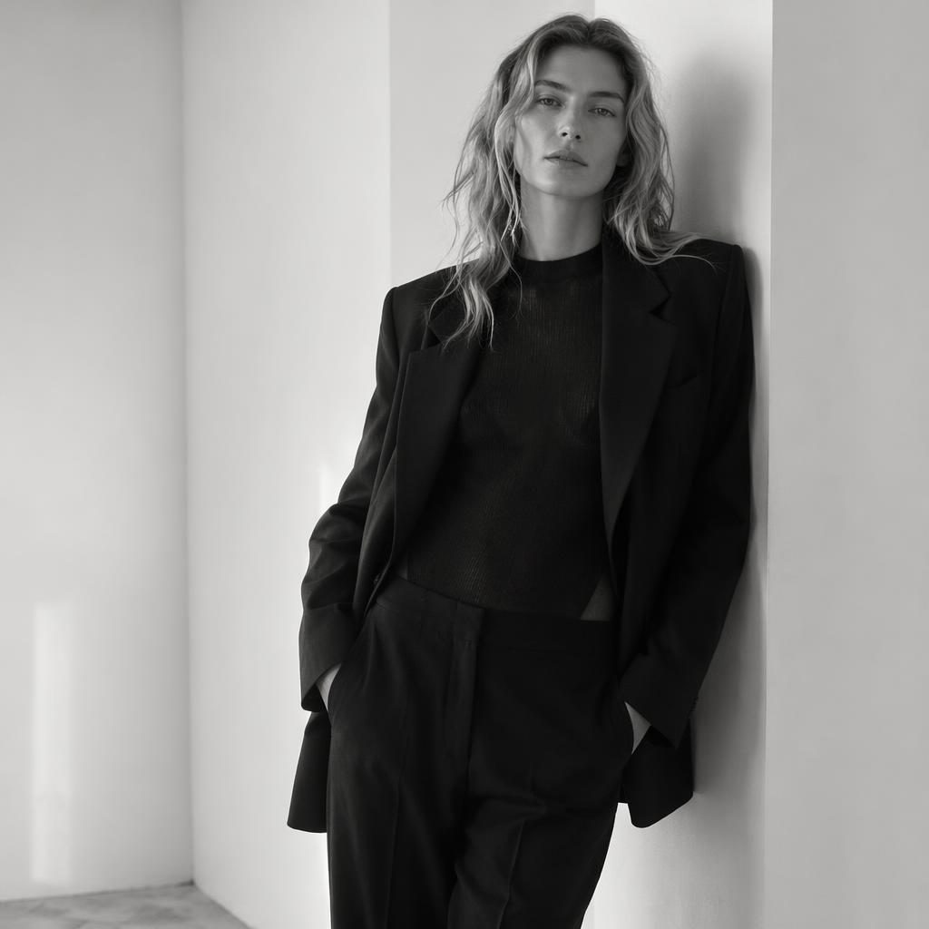 Black and white editorial fashion portrait of a model in a minimalist white studio wearing a grunge-inspired tailored look