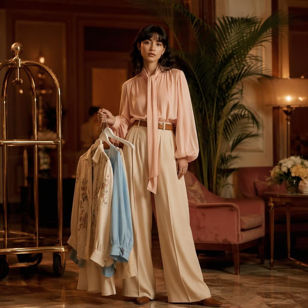 Editorial fashion model in a 70s-inspired outfit posing naturally in a pastel luxury hotel lobby with soft lighting