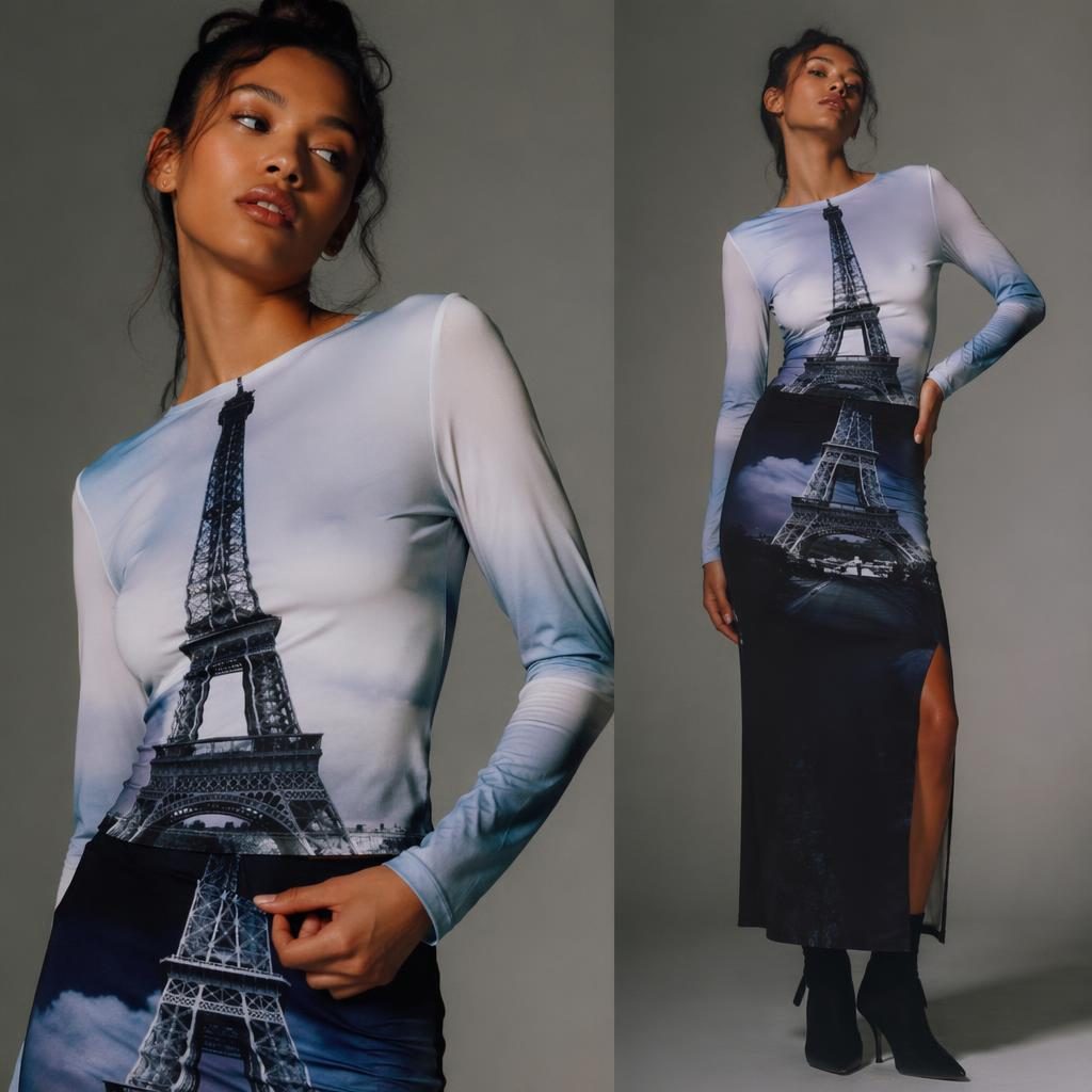 Modèle en studio neutre, lookbook mode éditorial Y2K, palette contrastée, pose naturelle et allure assurée.
