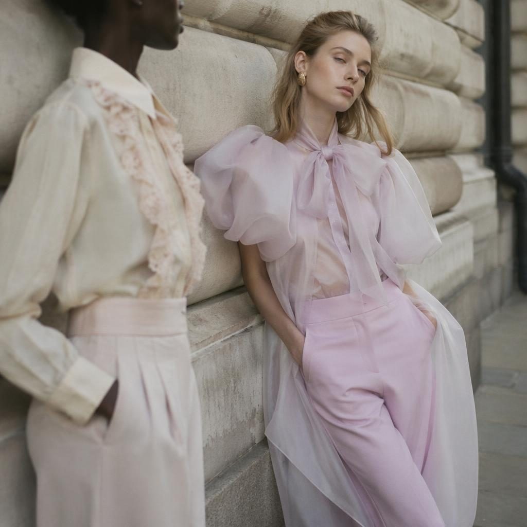 Editorial fashion model on an urban street in a pastel romantic Y2K look, shot with dreamy soft lighting and natural pose.