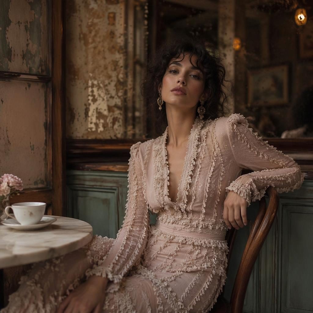 Editorial fashion model in a Balmain-inspired look at a vintage cafe, with dark moody lighting and a pastel romantic palette.