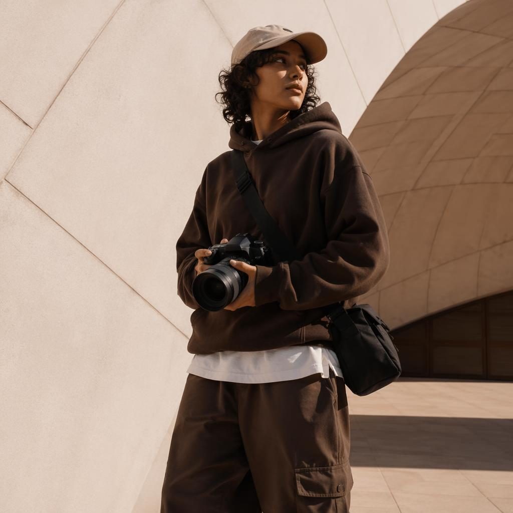 Model in streetwear photographer outfit posing candidly at a modern architectural building in warm earth tones.