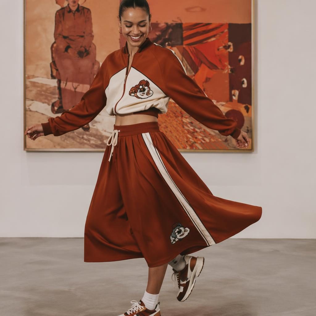 Editorial fashion model in sporty autumn-toned outfit posing candidly inside a modern art gallery with magazine lighting.