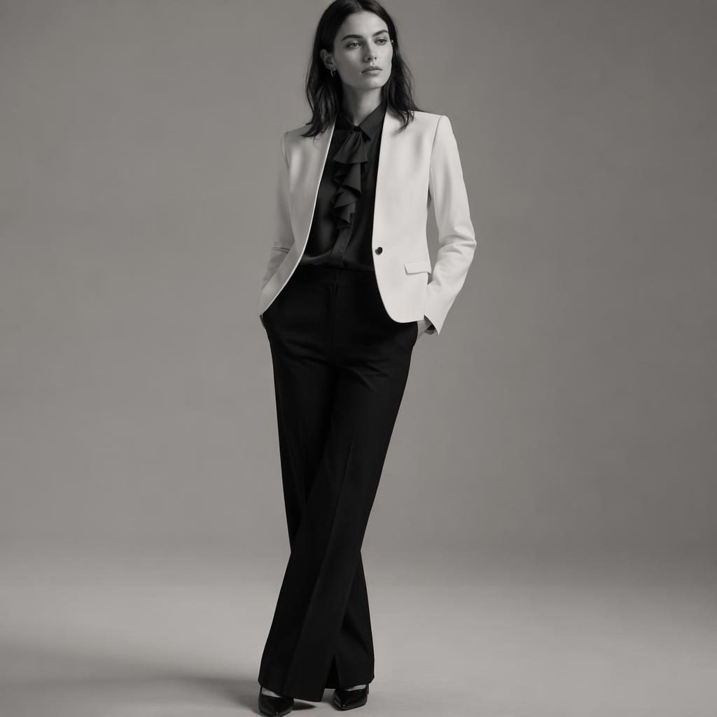 Black and white studio fashion lookbook photo of a model in a Ted Baker-inspired outfit with a natural pose