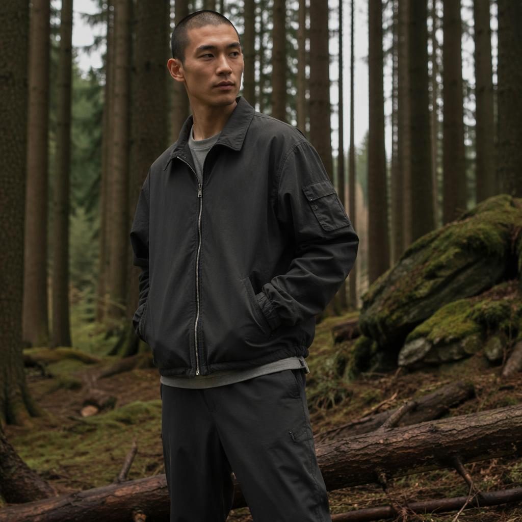 Editorial fashion model in muted neutral sportswear standing naturally in a forest with cool, confident magazine lighting