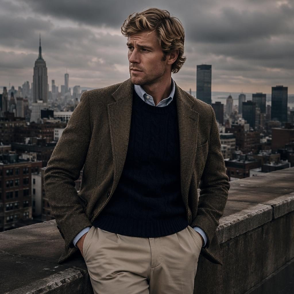 Editorial fashion model on a city rooftop in old money preppy clothing, dark moody lighting and a bold high-contrast palette.