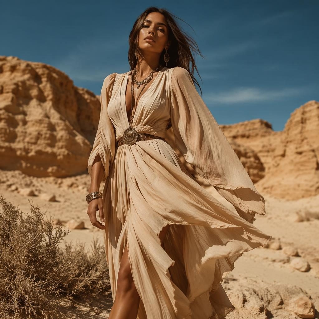 Model in fließendem Boho-Outfit in der Wüste, editorial fotografiert, mit kräftigen Kontrasten und luxuriöser Stimmung.