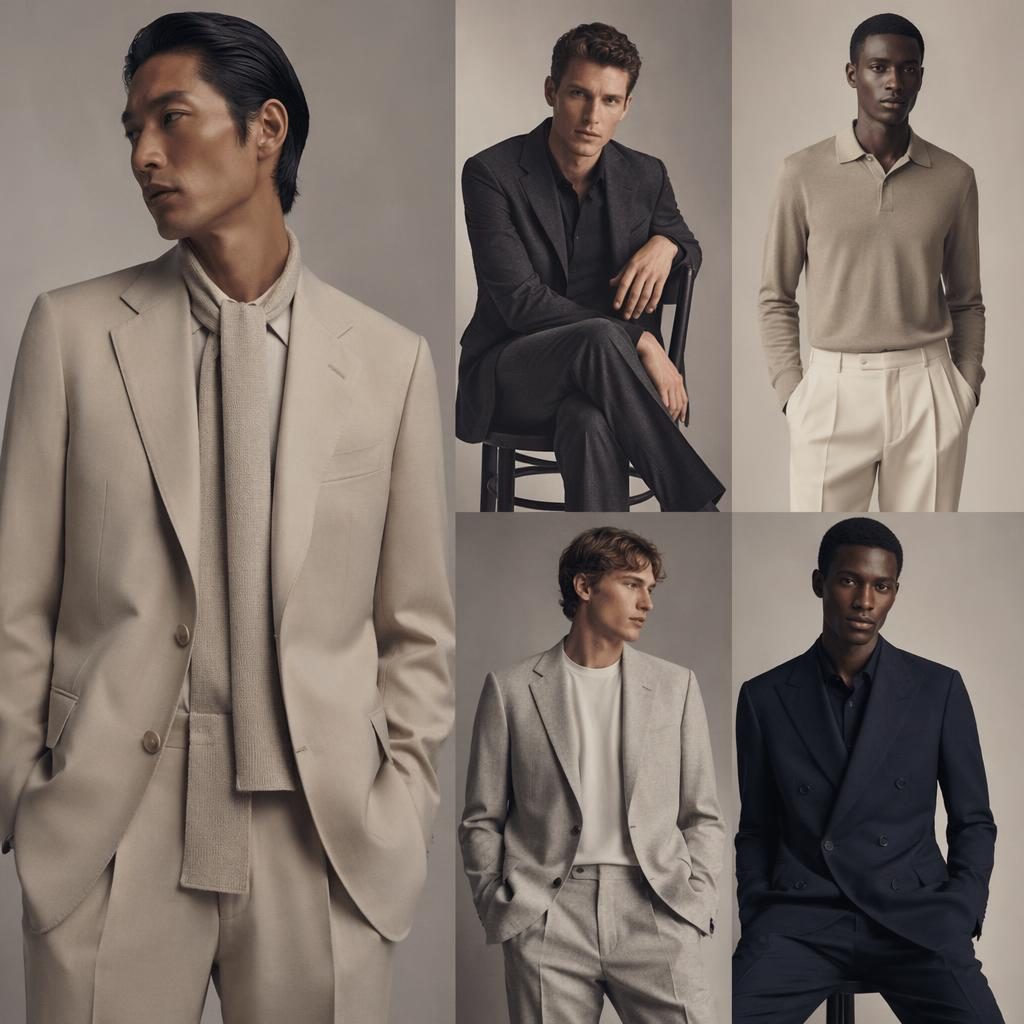 Editorial fashion model in a neutral studio wearing a Brioni-inspired lookbook outfit with soft dreamy lighting.