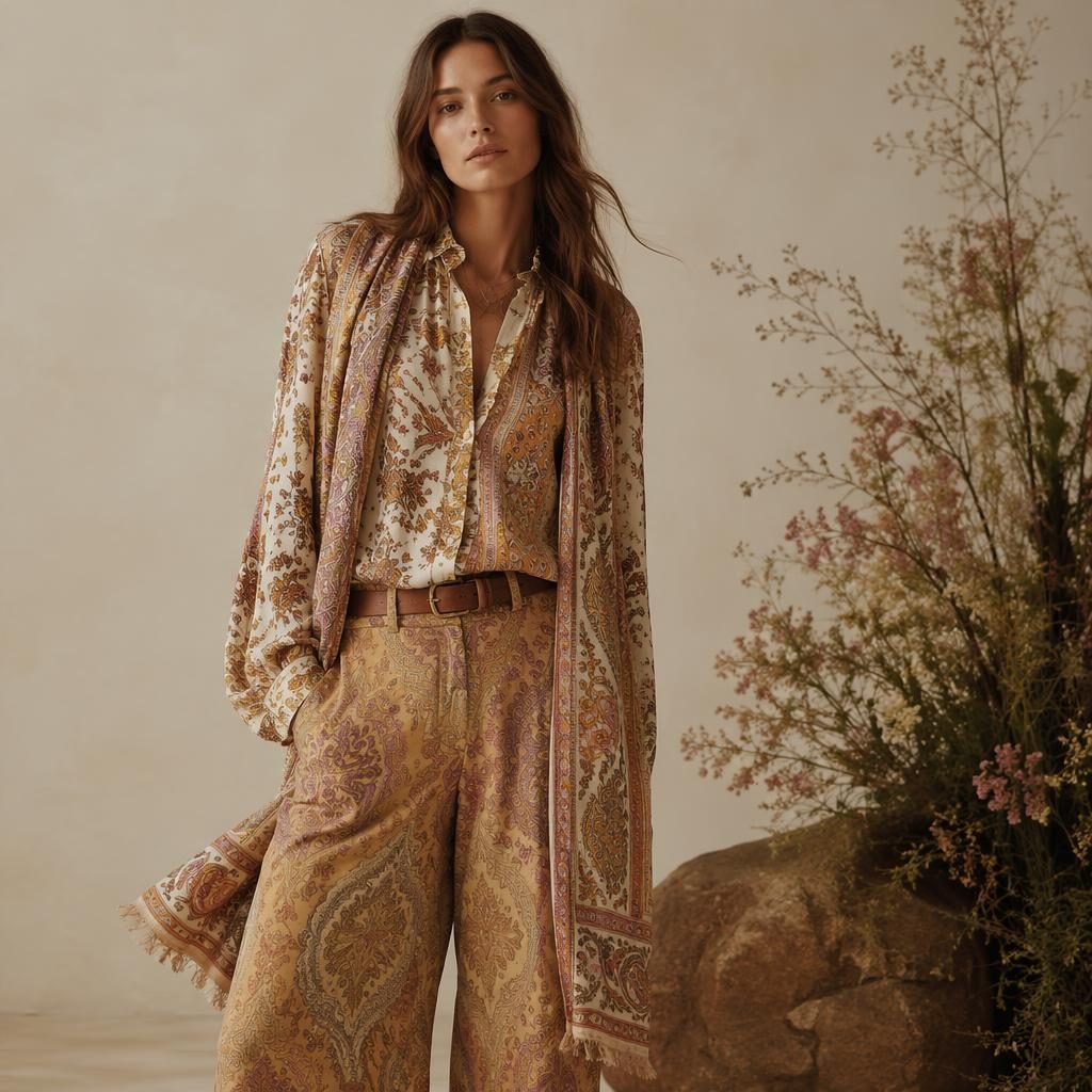 Editorial fashion model in an etro lookbook outfit, posed in a neutral studio with soft lighting and warm earth tones.