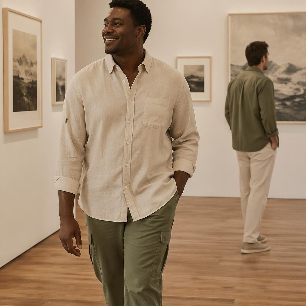 Editorial fashion photo of a plus-size male model in a big men's catalog outfit, candid in an art gallery, muted neutrals.