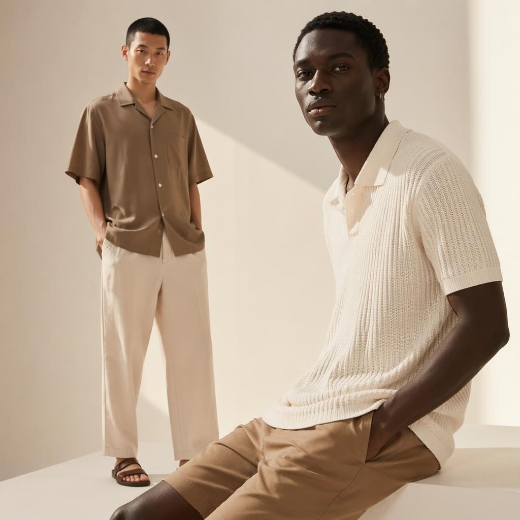 Male model in international male clothing posing naturally in a minimalist white studio with warm earth-tone styling.