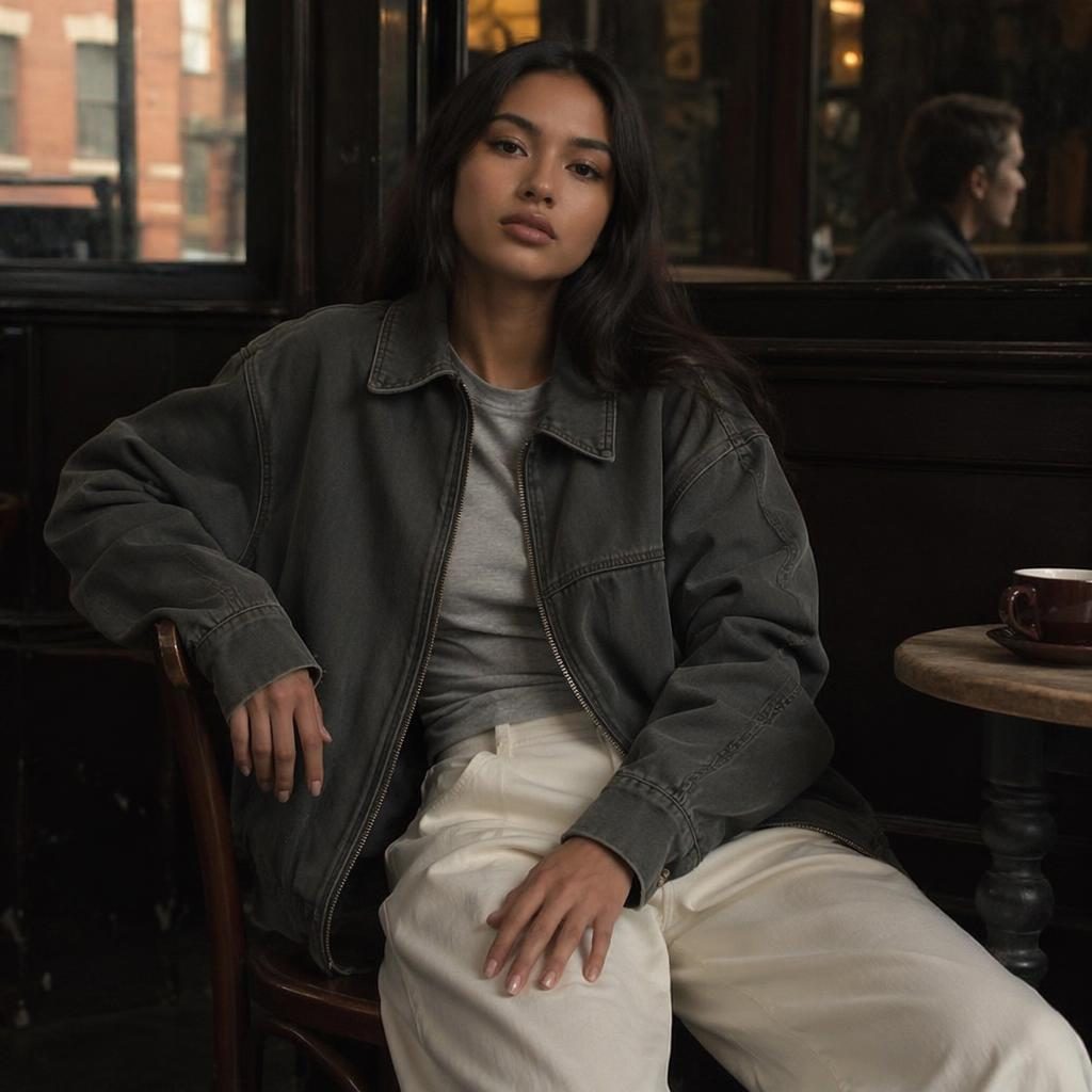 Editorial fashion model in muted neutral streetwear posing naturally inside a dark moody vintage cafe