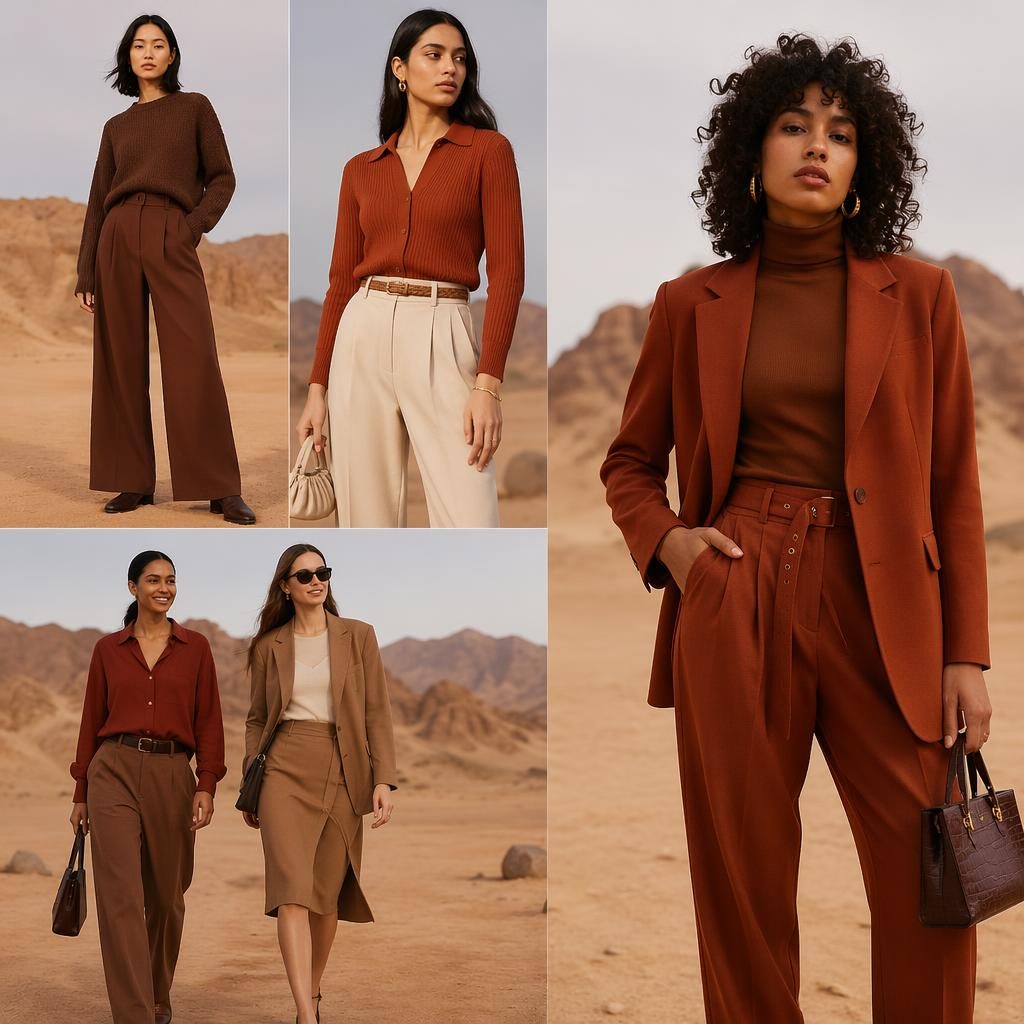 Model in a minimalist autumn rust outfit posing in a desert for a high-energy editorial fashion lookbook.