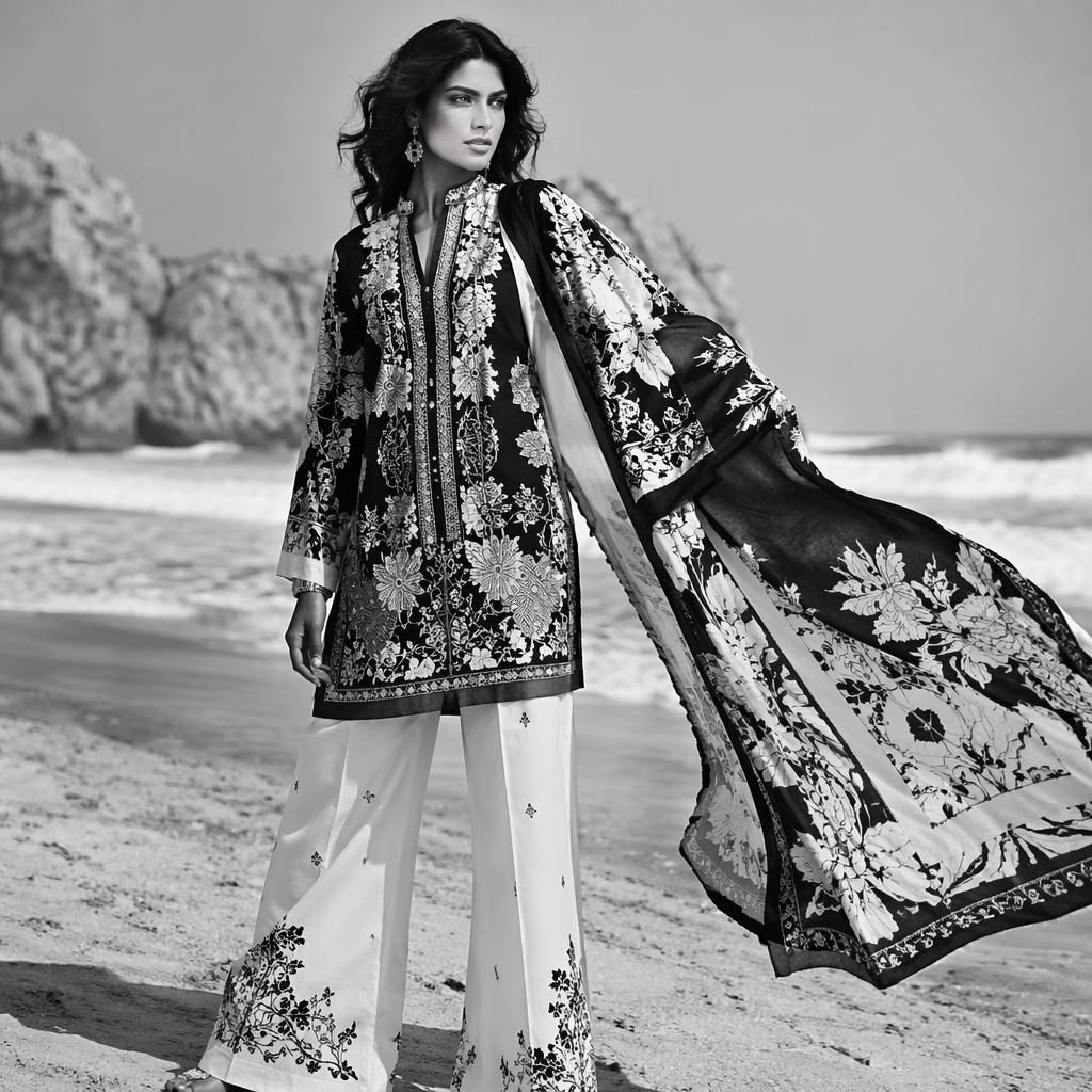 Model wearing fepic 3004 in a minimalist black and white editorial lookbook shoot on a beach with bold energy.
