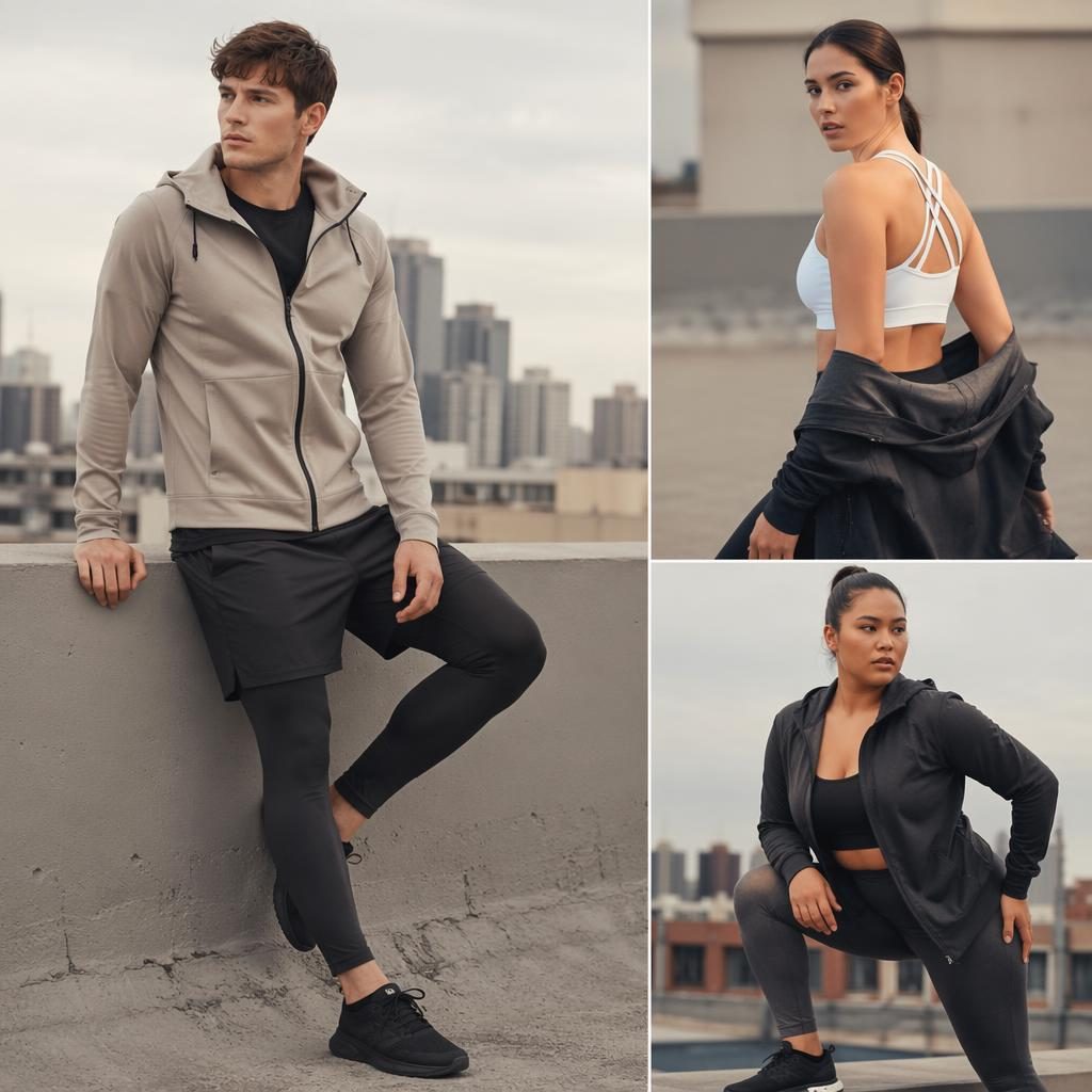 Model in muted neutral sportswear on a city rooftop, editorial fashion lookbook style with bold high-energy pose