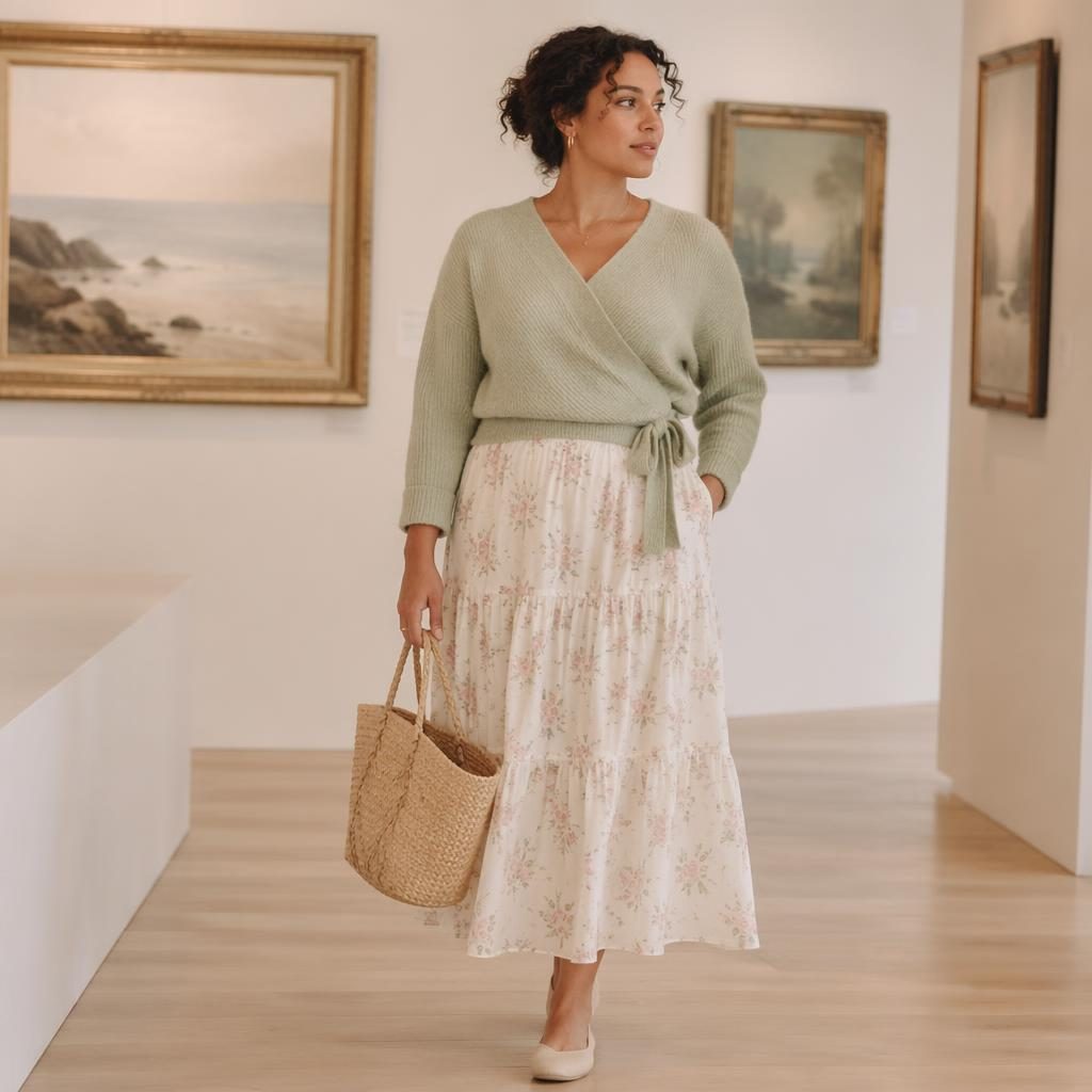 Editorial fashion model in a soft surroundings outfit posing naturally in a pastel-toned art gallery with a quiet mood.