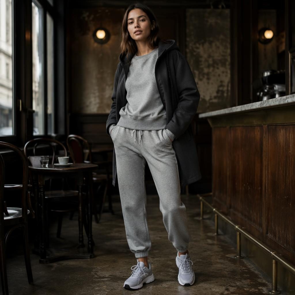 Modèle en tenue sportswear femme dans un café vintage, lumière magazine, tons gris froids et ambiance sombre.
