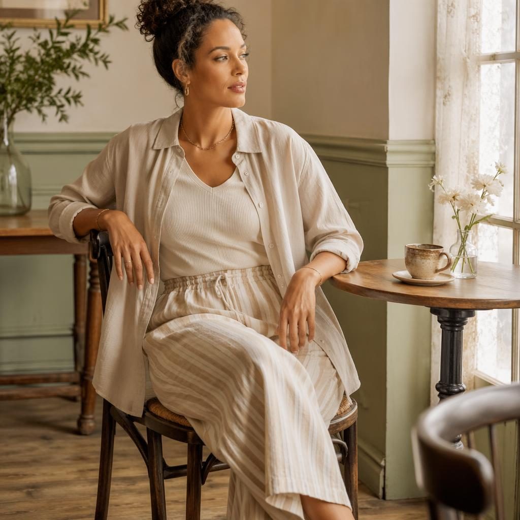 Editorial fashion model in muted neutral outfit posed naturally inside a vintage cafe with an intimate, quiet mood.