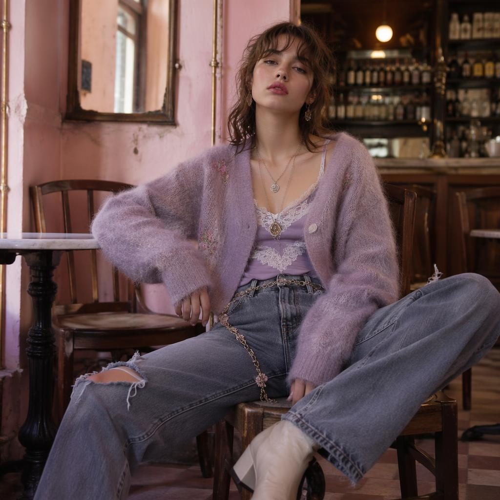 Modelo con look book moda grunge en un café vintage, luz suave, pose natural y paleta pastel romántica.