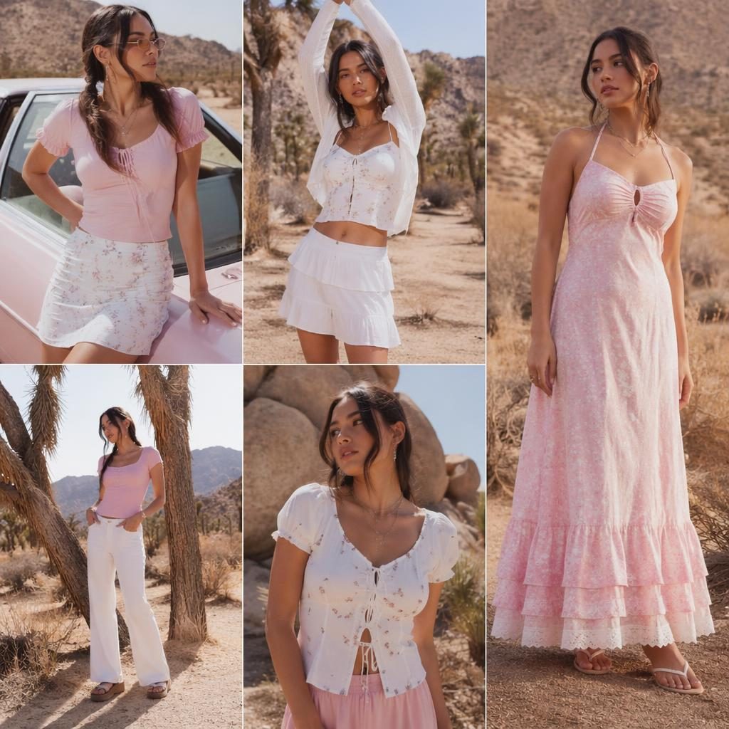 Model in a playful pastel outfit poses naturally in a desert setting for an editorial garment catalogue photo