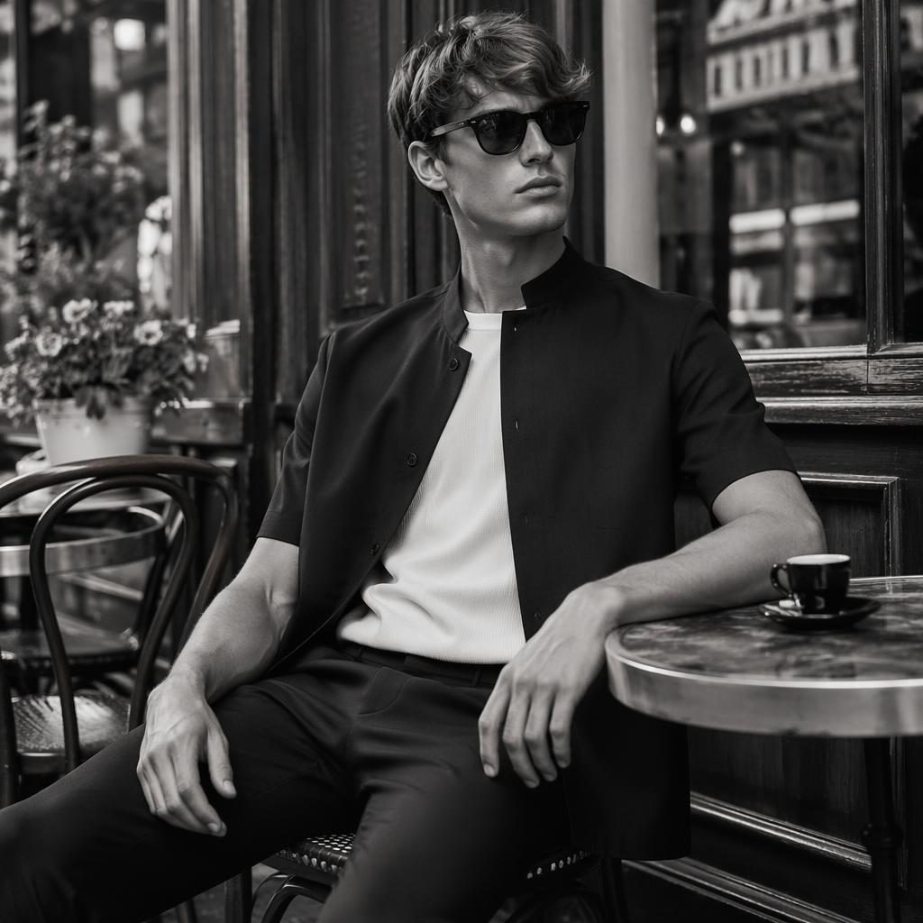 Modèle masculin en tenue d’été futuriste dans un café vintage, photo éditoriale noir et blanc au style luxe.