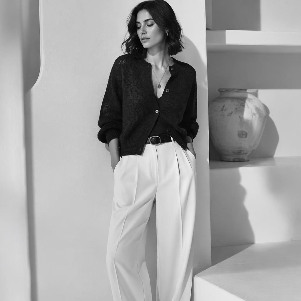 Modèle en tenue promod nouveautés dans un décor blanc minimaliste, pose naturelle, ambiance sombre en noir et blanc.