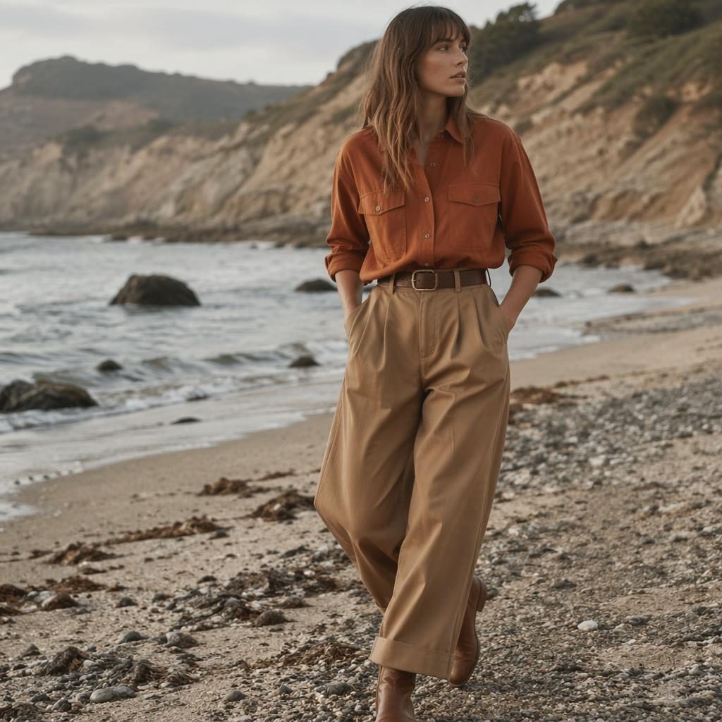 Editorial fashion model on a beach in an autumn rust outfit, styled in a coastal grandmother lookbook aesthetic.