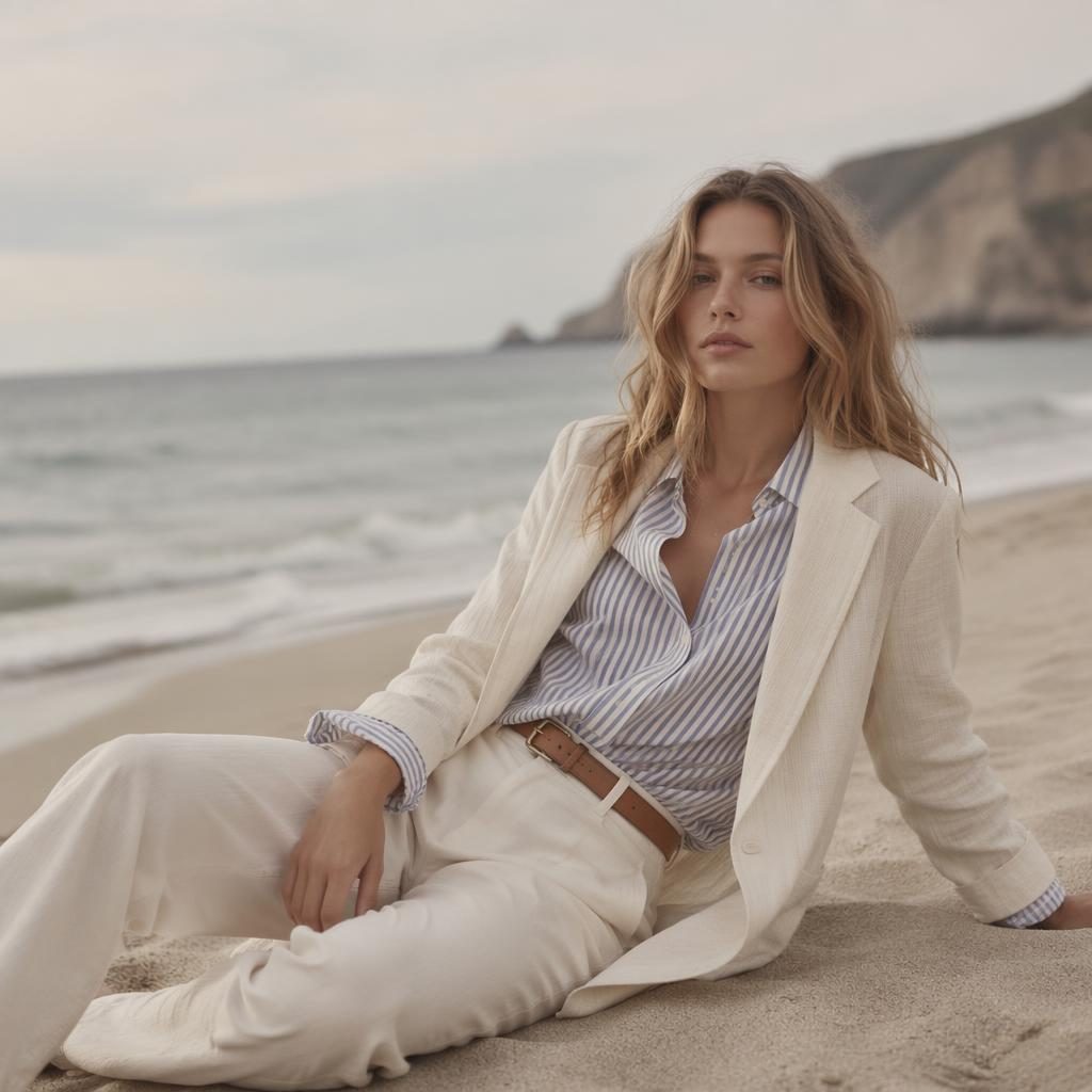 Editorial fashion model on a beach in a preppy pastel outfit with dreamy soft light and an old money mood.