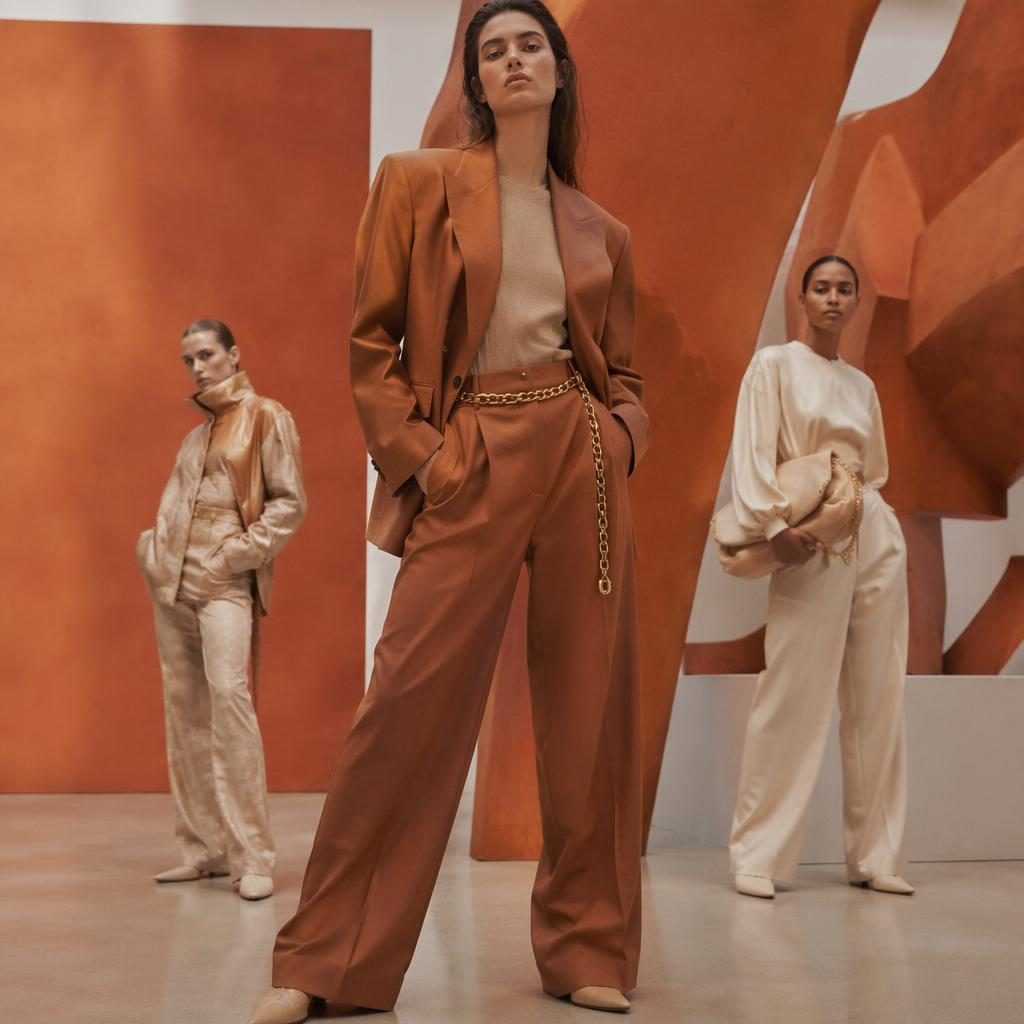 Model in a futurist earth-tone outfit posing naturally in a modern art gallery with bold editorial lighting