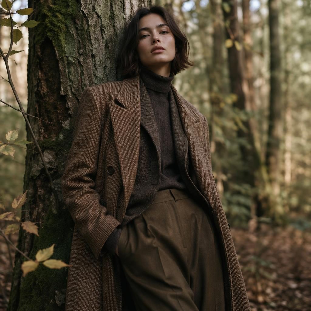 Modèle en tenue éditoriale posant dans une forêt, lumière douce, palette terre chaude, ambiance mode intime