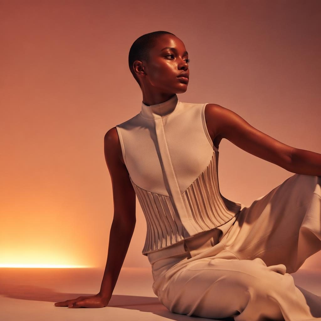 Editorial fashion model in a futurist outfit poses in a neutral studio with warm sunset lighting and a luxurious mood.