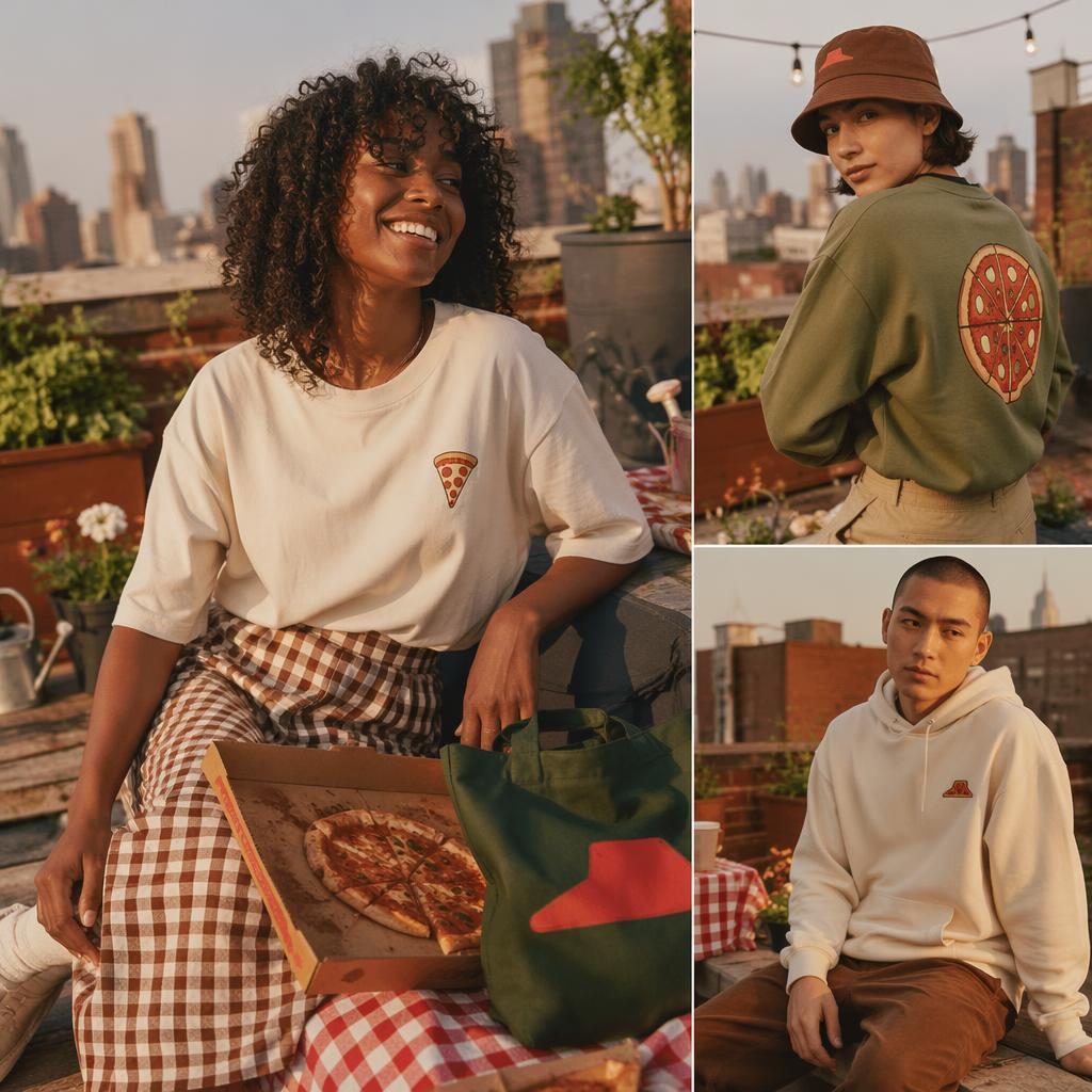 Model in pizza hut apparel catalog outfit on a rooftop city setting with warm earth tones and a quiet cottagecore mood