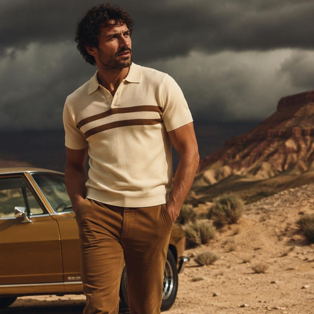 Editorial fashion model in mens casual clothes catalogs styling, posed in a desert with vintage 70s mood and bold contrast