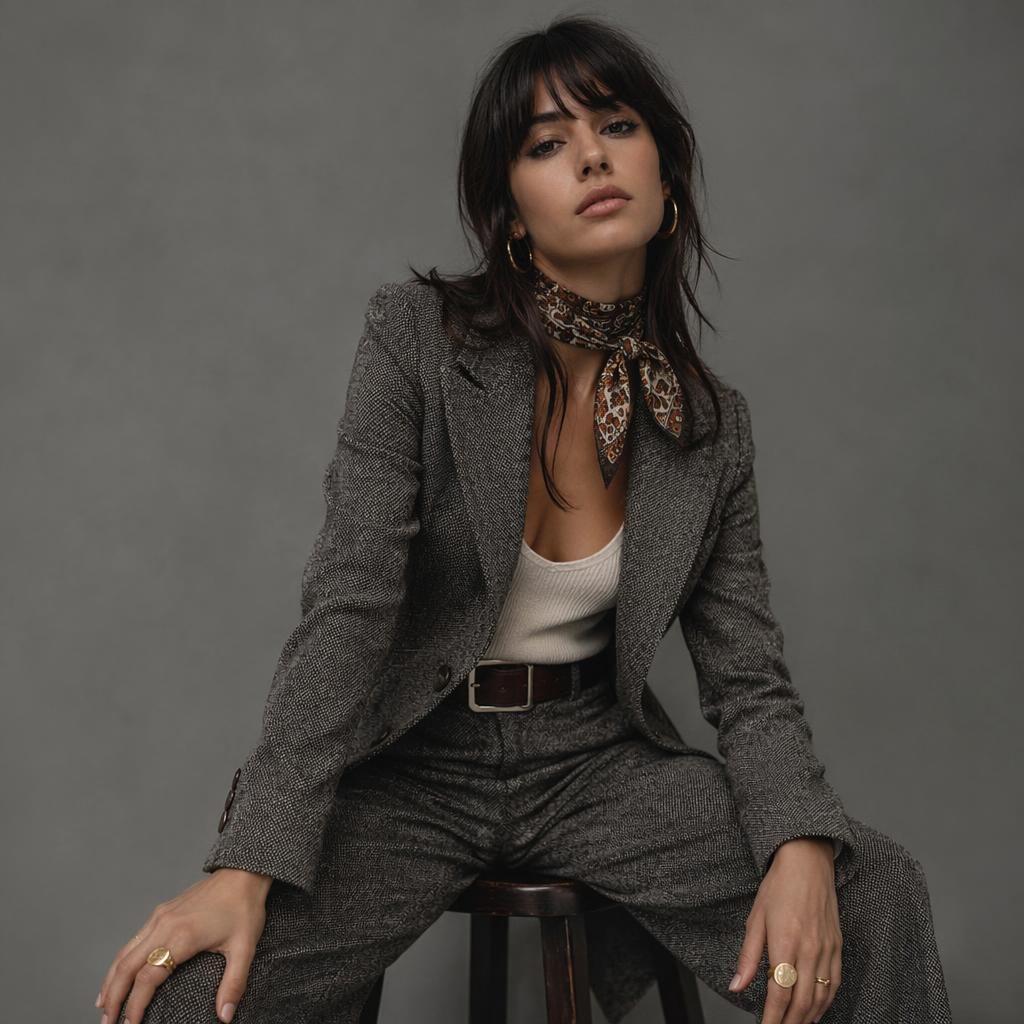 Editorial fashion lookbook photo of a model in a vintage 70s-inspired outfit in a neutral gray studio