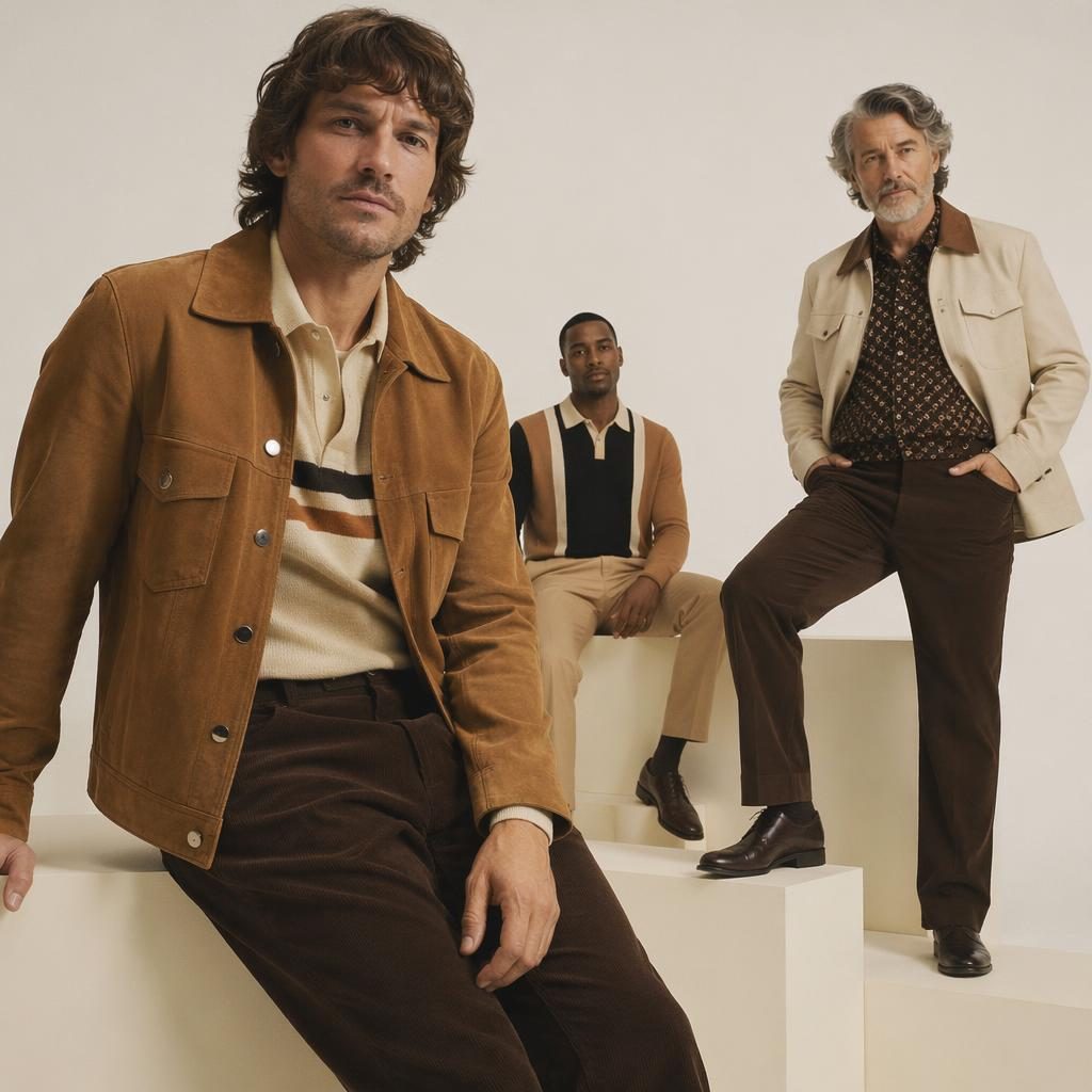 Modèle homme en tenue daxon catalogue homme, style vintage 70s, posé dans un espace blanc minimaliste.