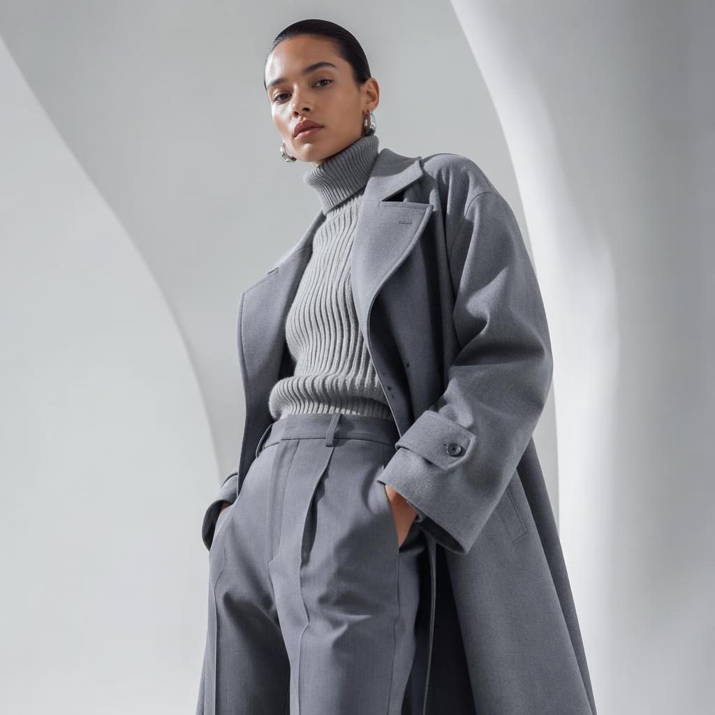 Modelo genérico con look editorial futurista en espacio blanco minimalista, iluminación de revista y paleta gris fría.