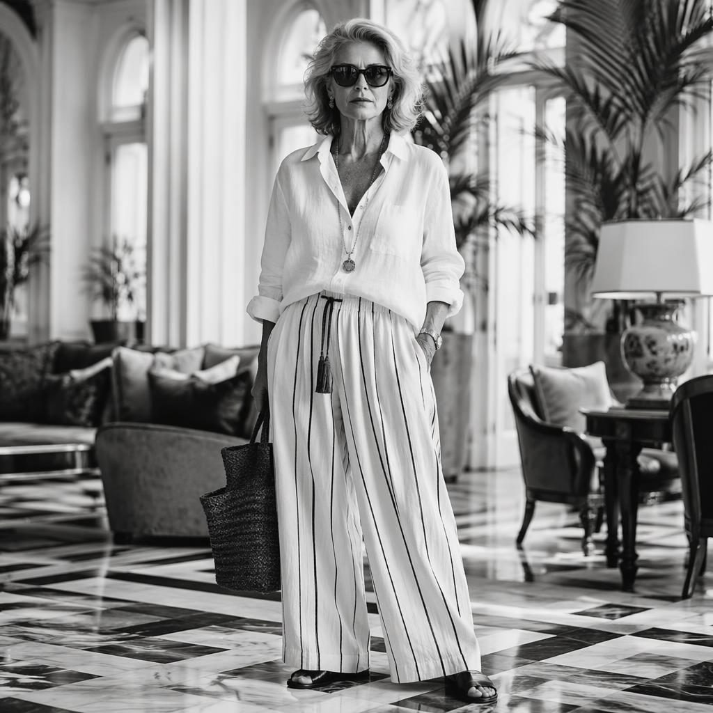 Black and white editorial fashion model in a luxury hotel lobby, styled in a bold coastal grandmother lookbook pose.