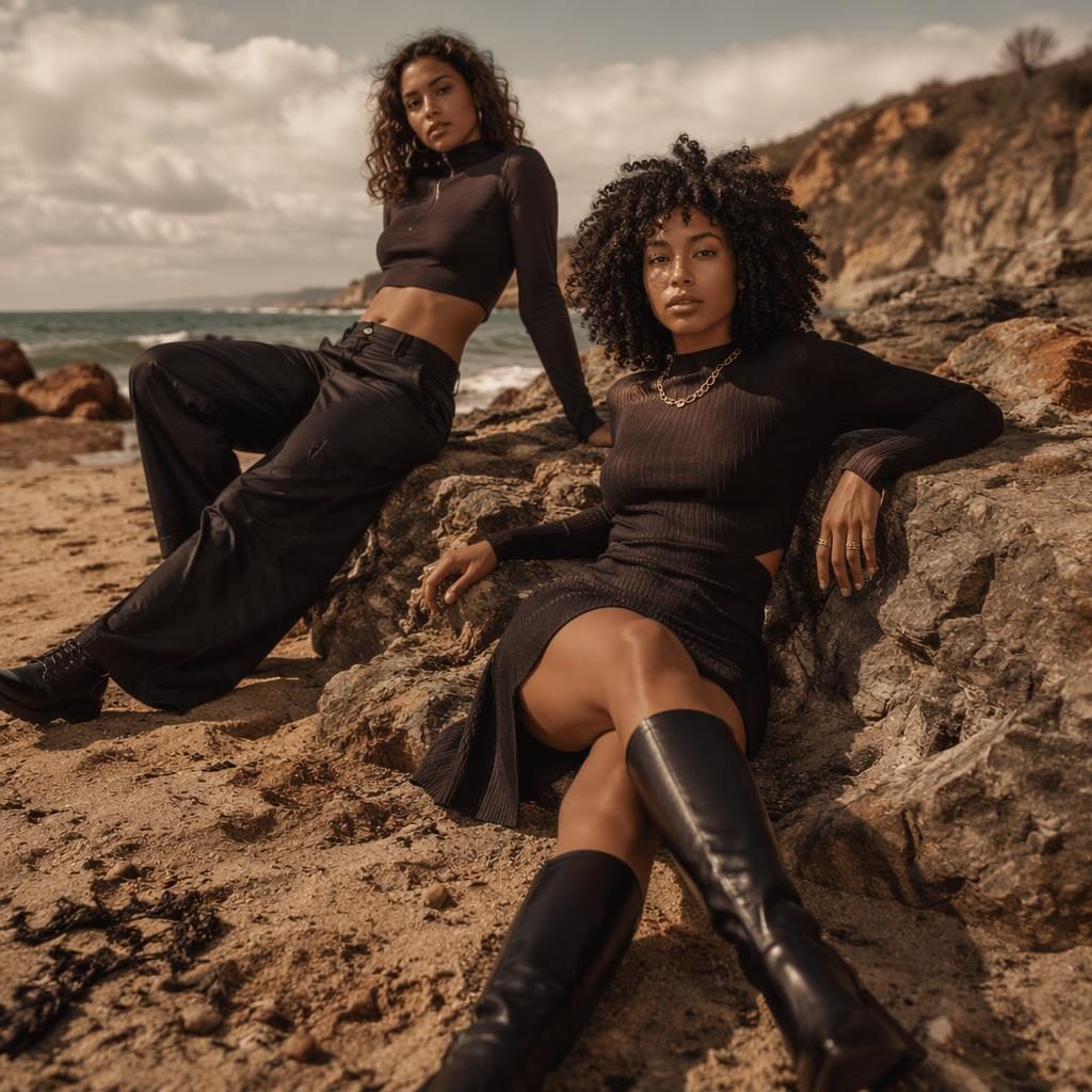 Model in black outfit on a beach in soft autumn light, styled as a dreamy Y2K-inspired fashion lookbook photo.