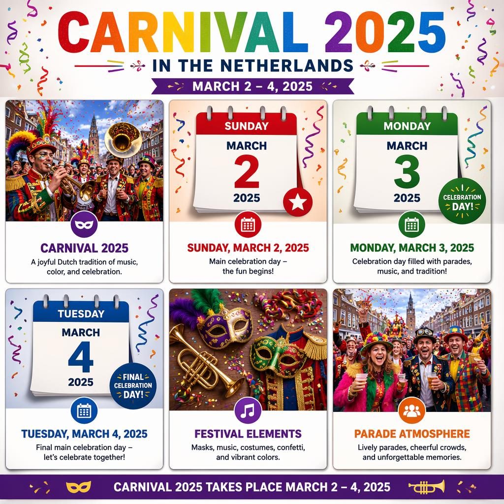 Infographic met 6 kaarten over carnaval 2025 in Nederland, met data 2, 3 en 4 maart, maskers, confetti en optocht.