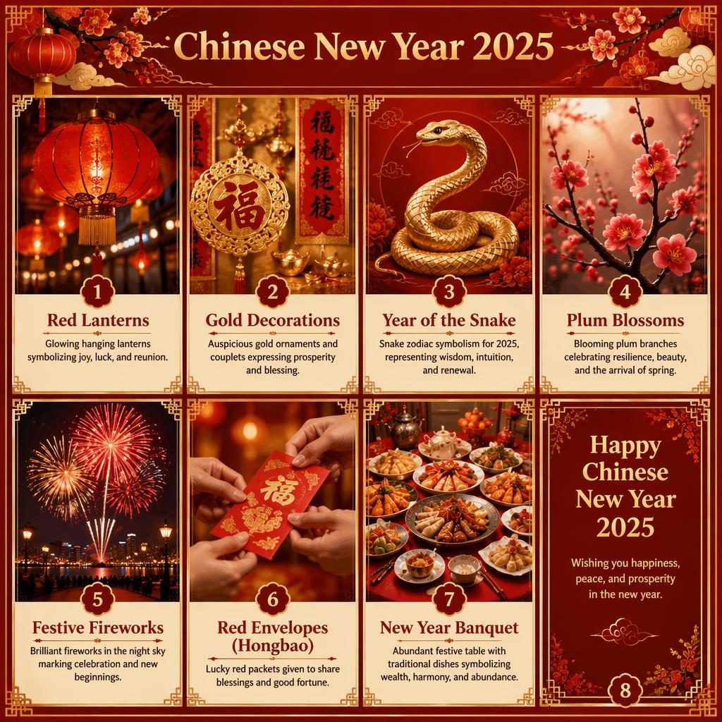 Fotorealistische infographic met 8 kaarten over Chinees Nieuwjaar 2025 in rood-gouden stijl met lantaarns, vuurwerk en hongbao.