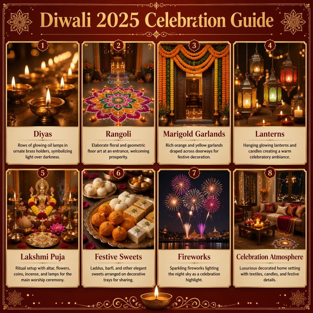 Editorial-style Diwali 2025 infographic with 8 festive cards showing diyas, rangoli, garlands, lanterns, puja, sweets, fireworks, and decor.